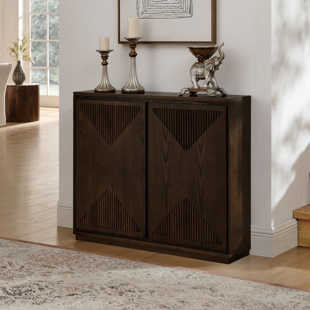 English Elm Mid Century Modern V-Shape Storage Cabinet - Stylish Buffet & Coffee Bar For Narrow Spaces, Brown W1801P362147