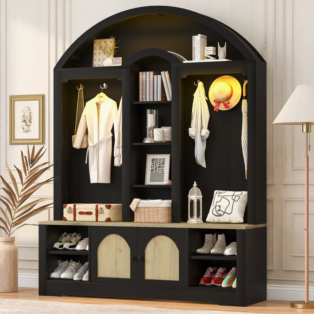 English Elm Multi-functional Hall Tree with Mdf Body Open Shelves Hooks and Scandinavian Two-tone Style Black+Natural SJ000158AAB