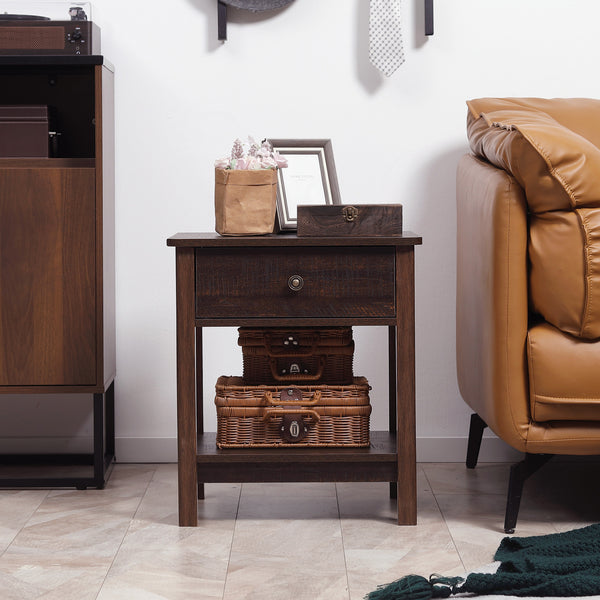 English Elm HOMCOM Farmhouse End Table with Drawer and Open Shelf for Small Spaces Sturdy MDF Accent Table Bronze W2225P249997
