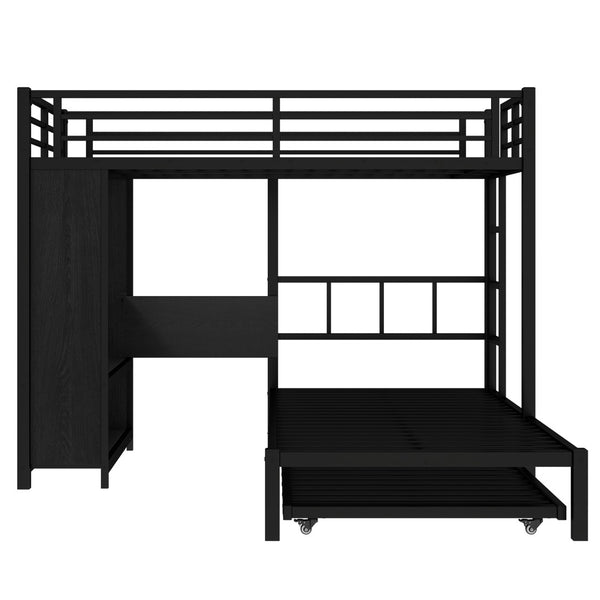 English Elm Twin Bunk Bed With Wardrobe & Trundle, Metal Frame, Foldable Desk, Noise-Reduced Design, Black Finish W1580S00135-GIGA