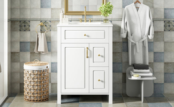 English Elm 24-Inch Bathroom Vanity with Ceramic Sink, Soft-Close Door & Drawers, Gold Handles, Durable Wood Elegance White N729P192078K
