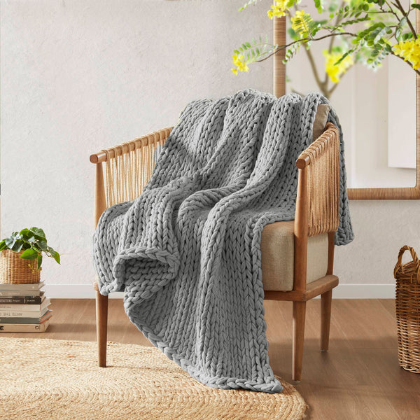 JLA Home Madison Park - Hand double-knitted throw blanket — ultra-soft, OEKO-TEX certified acrylic, modern boho accent for year-round comfort Grey MP50-6136