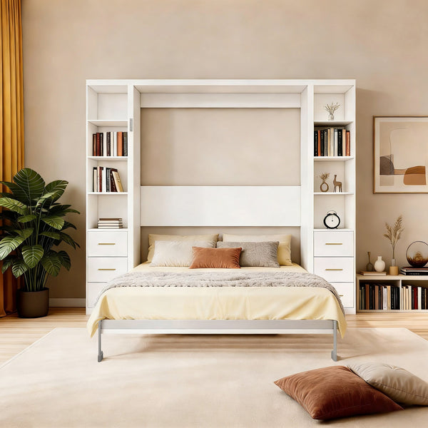 English Elm Desk Murphy Wall Bed Queen with Side Storage Cabinets for Home Office Study W5290S00003
