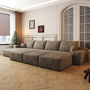 English Elm 135"Large Modular Cloud Sofa - 6-Seater Down Sofa Bed In Camel Plush Corduroy, No Tools Needed! W2824S00064