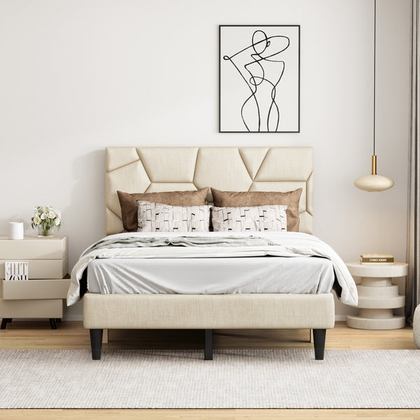 English Elm Full Linen Storage Bed Frame with Rubberwood Platform, Quiet, Sturdy Support, 7.2" Under-Storage Space Beige W2896P208864