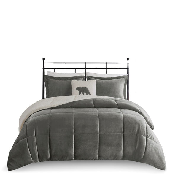 English Elm Full/Queen Alton Plush to Sherpa Comforter Set with Hypoallergenic Down Alternative Fill, Cozy Cabin Retreat Charcoal+Ivory 22.44 L x 20.87 W x 13.39 H B035100495