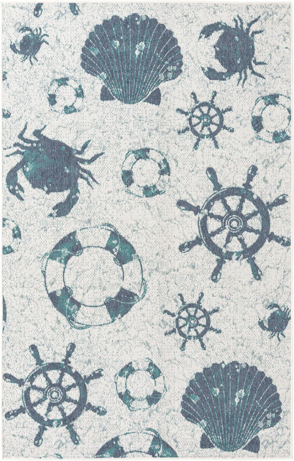 Unique Loom Outdoor Coastal Marmaris Machine Made Solid Print Rug Ivory, Navy Blue/Green 5' 3" x 8' 0"
