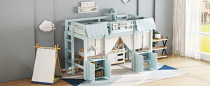 English Elm Twin Loft Bed Cottage-Style Playhouse with Built-In Bookshelf, Curtain & Storage, Safe Guardrails Light Blue W1580S00357