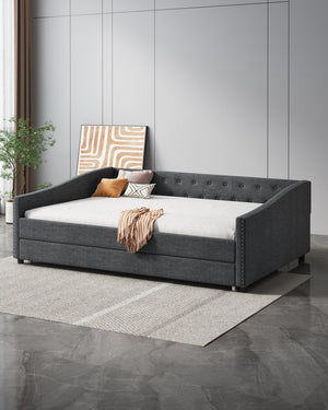 English Elm Full Size Daybed With Twin Trundle - Elegant Upholstered Sofa Bed With Tufted Back & Copper Trim W2336S00043
