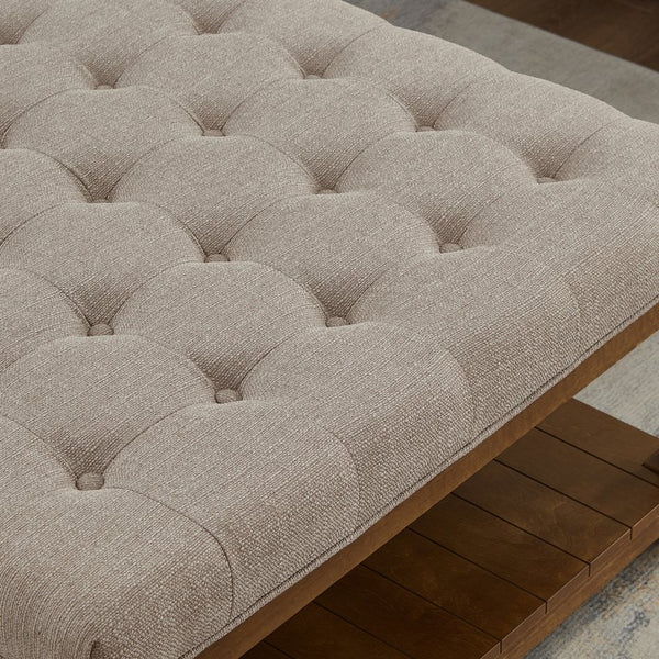 English Elm Large Square Tufted Ottoman with Wood Shelf Upholstered Footrest for Living Room Linen W2186P204184