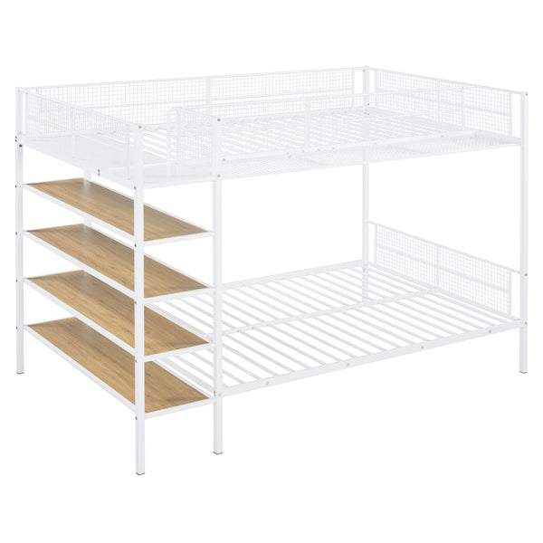English Elm Twin Twin Over Full Metal Bunk Bed with 5-Tier Staircase Shelves, Space-Saving Storage & Wood Accents White SF000175AAK