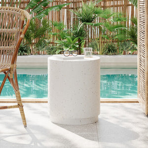 Christopher Knight Home® - Noble House - - Outdoor Terrazzo Concrete Drum End Table,Living Room Accent Table, White Terrazzo