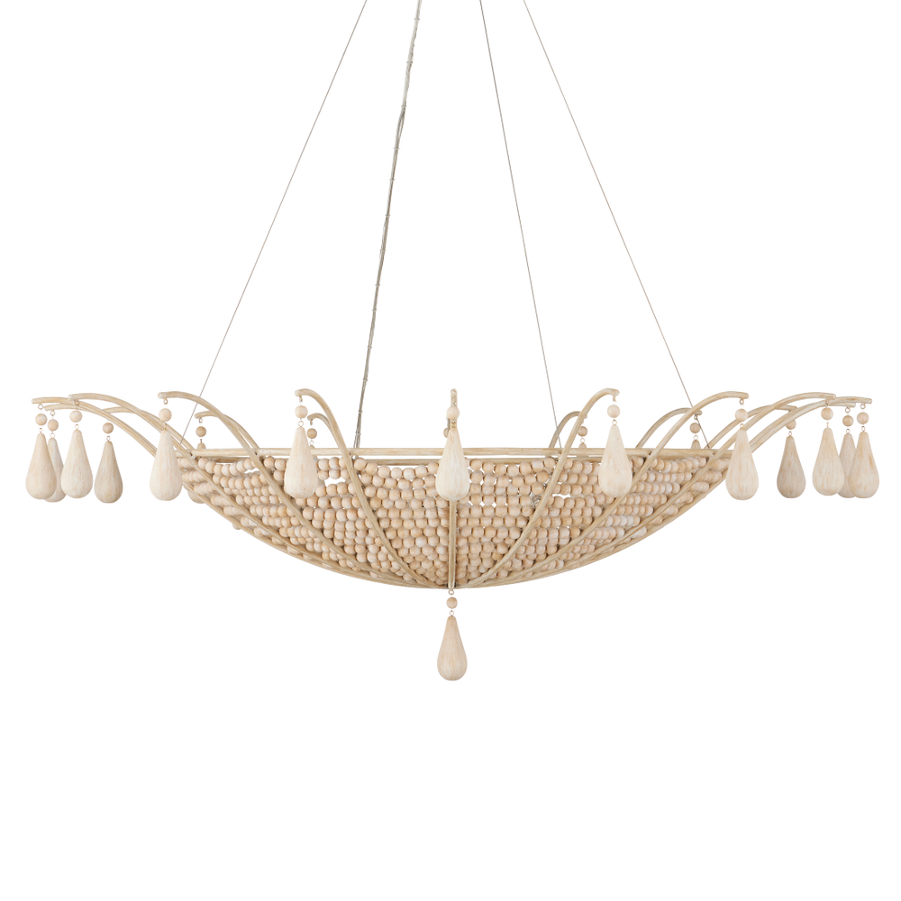 Korg Chandelier - Elegant Beige Coastal Lighting with Wooden Beads & Wrought Iron Frame, 42.25" Dia