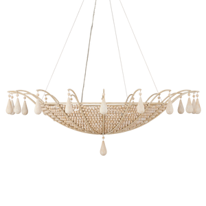 Korg Chandelier - Elegant Beige Coastal Lighting with Wooden Beads & Wrought Iron Frame, 42.25" Dia