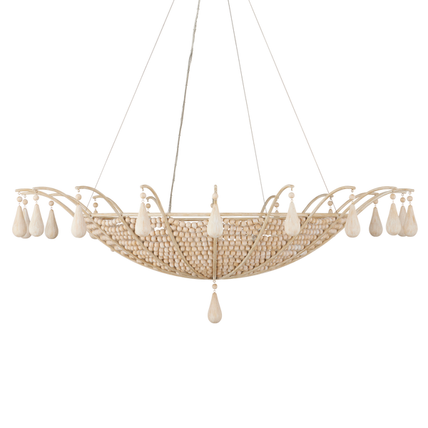 Korg Chandelier - Elegant Beige Coastal Lighting with Wooden Beads & Wrought Iron Frame, 42.25" Dia