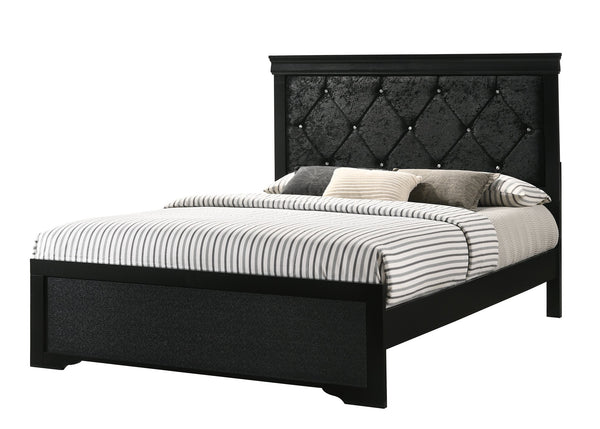English Elm Modern King Panel Bed with Champagne Frame and Tufted Upholstered Headboard, Durable Wood Finish Black 79.72 L x 6.69 W x 3.54 H B011S01018