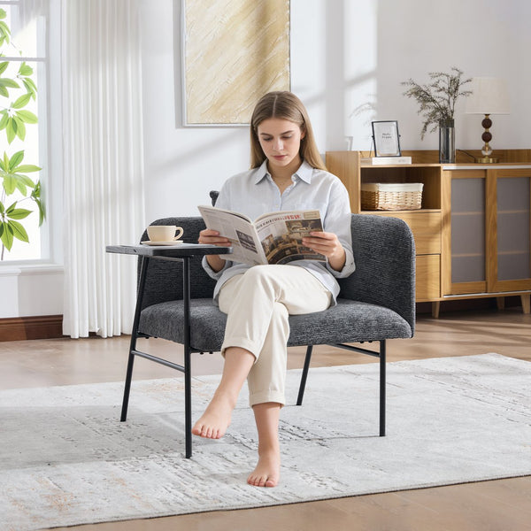 English Elm Leisure Linen Accent Chair with Built-in Side Table Pockets and Lumbar Pillow Modern Dark Gray W395P453309
