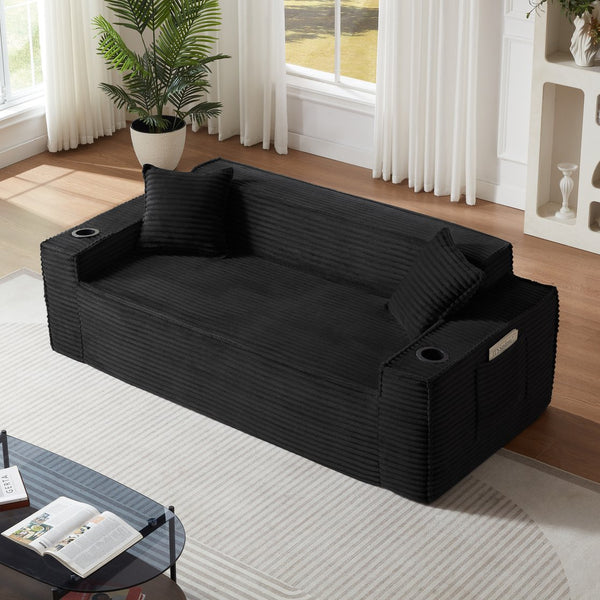English Elm 3seater Corduroy Cloud Sofa Pocket Spring Cushioned Seat for Apartments and Office Lounges Black W3396P434764