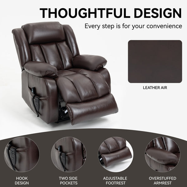 English Elm Dual Motor Power Lift Recliner with Massage Heat and 180 Degree Brown Lounge Chair W1803S00042