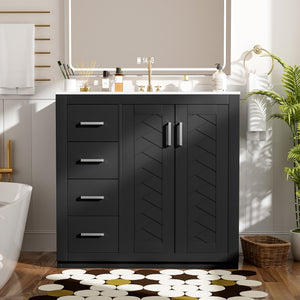 English Elm 36'' Bathroom Vanity with Ceramic Sink Combo, Solid Wood Frame, Soft-Close Drawers and Stylish Retro Groove Design Black N710P291684B