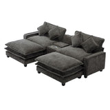 English Elm 112.6" Sectional Sofa Chenille Upholstered Sofa With Two Removable Ottoman, Two Usb Ports, Two Cup Holders and Large Storage Box For Living Room, Black