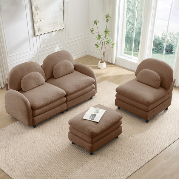 English Elm Teddy Fleece Modular Cloud Sofa Plush Curved Sectional with Ottoman for Living Room Camel W5656S00104