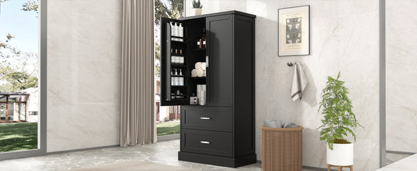 English Elm Tall Bathroom Storage Cabinet with Adjustable Shelves, Two Doors & Drawers, Space-Saving 66" Tall Black N725P178675B