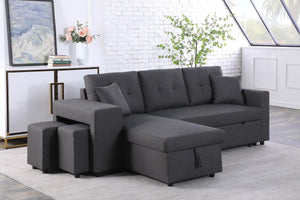 English Elm Dino Linen Tufted Sleeper Sectional with Reversible Chaise Storage and Two Ottomans Dark Gray B2749S00201