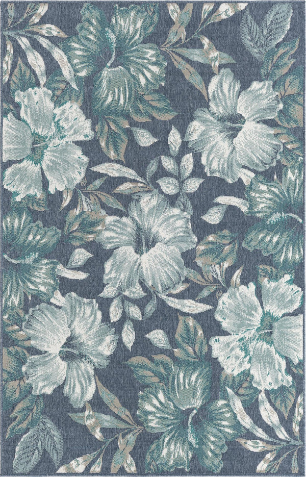 Unique Loom Outdoor Coastal Cicek Machine Made Floral Rug Blue, Ivory/Green/Gray 5' 3" x 8' 0"