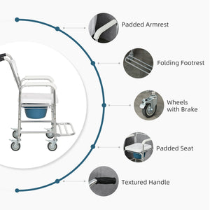 English Elm Homcom 3in1 Aluminum Commode Shower Wheelchair Padded Seat Waterproof Rolling Chair W2225P175515