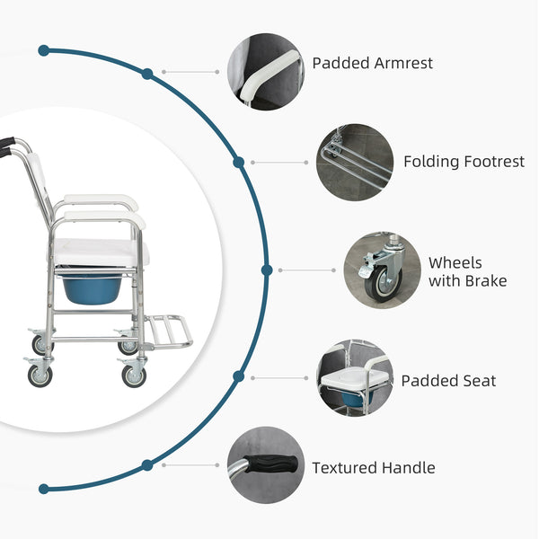 English Elm Homcom 3in1 Aluminum Commode Shower Wheelchair Padded Seat Waterproof Rolling Chair W2225P175515