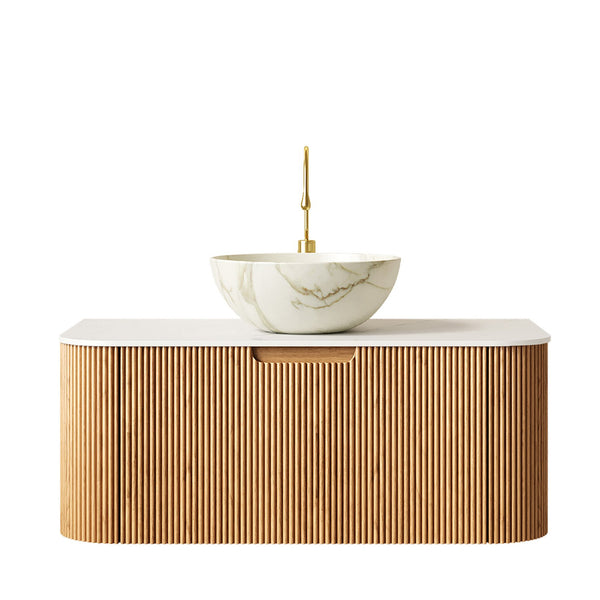 English Elm Dina Floating Bathroom Vanity Sintered Stone Top Glass Basin Striped Plywood Cabinet W2615S00694
