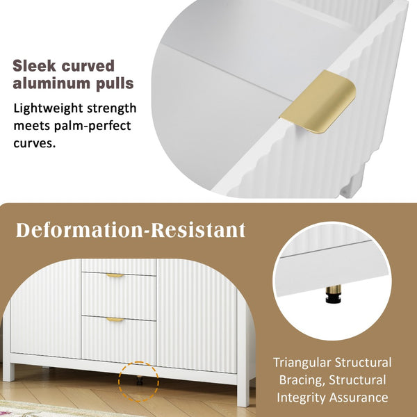 English Elm U_Style Modern Wave Design Sideboard - Versatile Storage Console With 3 Drawers & Adjustable Shelves N711P269066K-GIGA