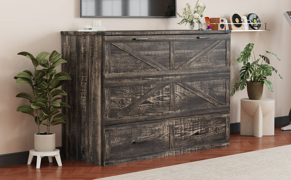 English Elm Queen Murphy Cabinet Bed Rustic Grey Farmhouse Style with Charging Station Storage W5271S00001