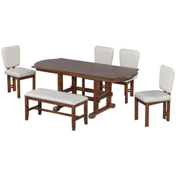 English Elm TOPMAX Solid Wood Extendable Dining Set with 18" Removable Leaf, Bench & 4 Upholstered Chairs, Espresso SP000090AAP