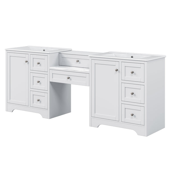 English Elm 84" Double Sink Vanity with Stone Countertop Six Soft Close Drawers and Silver Knobs White N817P404196W