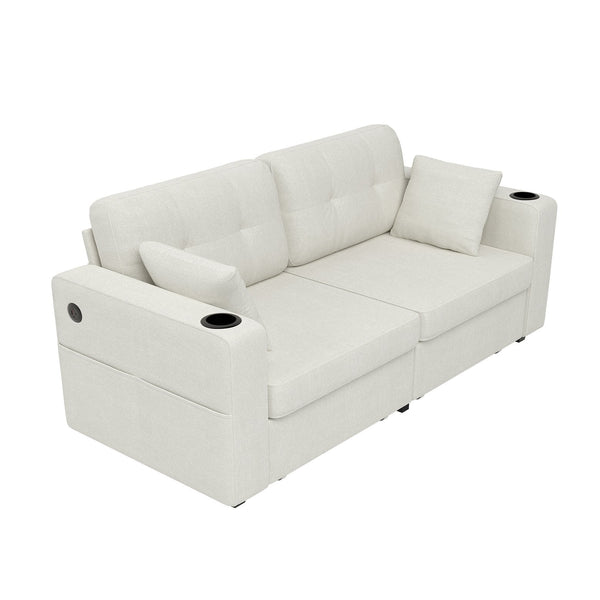 English Elm Sofas for Living Room Chenille Three Seat Couch with Usb Charging Storage and Cup Holder Beige W395S00142