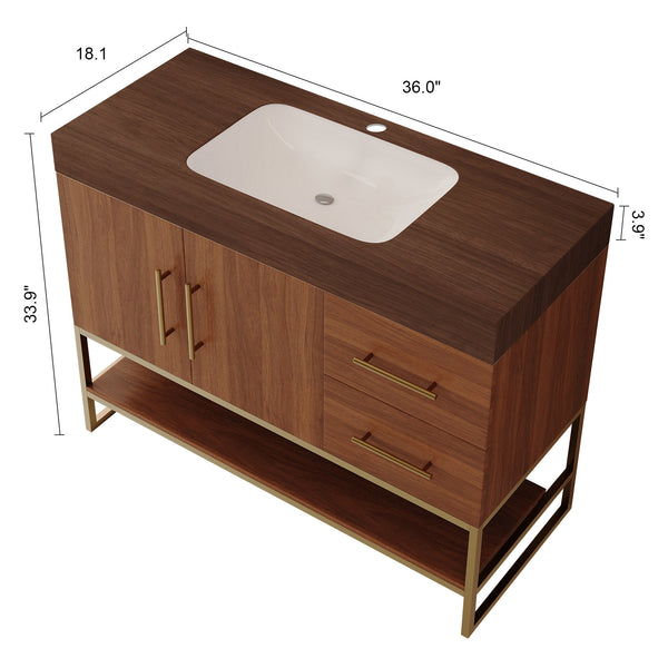 English Elm 36" Freestanding Bathroom Vanity Sintered Stone Top Integrated Basin Gold Hardware W3136S00058