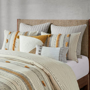 English Elm Full/Queen Cody 3 Piece Cotton Duvet Cover Set with Grey & Yellow Stripes, Pompoms, OEKO-TEX Safety B035129130