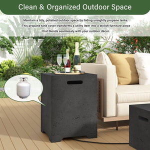 English Elm U_style Outdoor Mgo Propane Tank Cover Table Fluted Stone Finish Patio Side Accent Black N711P410561B