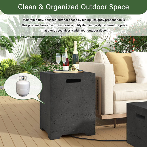 English Elm U_style Outdoor Mgo Propane Tank Cover Table Fluted Stone Finish Patio Side Accent Black N711P410561B