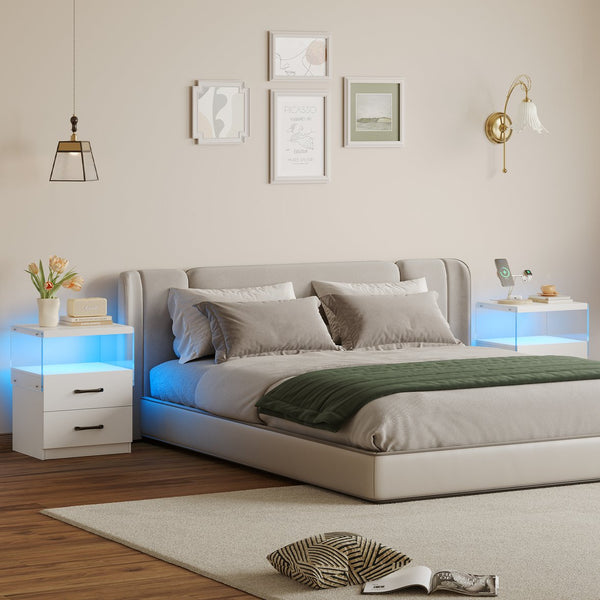 English Elm Nightstand with LED Lights and Adjustable Colors, Modern Bedside Table with Power Outlets & Drawers White 22 L x 8 W x 18 H W2178P252967