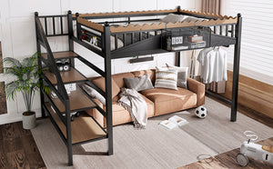 English Elm Full Size Metal Loft Bed with Stair Storage Shelves Bookshelf for Dorms Bedroom W1580S00378