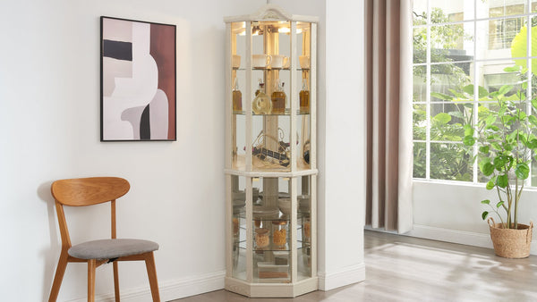 English Elm Lighted Corner Curio Cabinet With Adjustable Shelves, Elegant Carved Design & Integrated Lighting - White W1758P300128