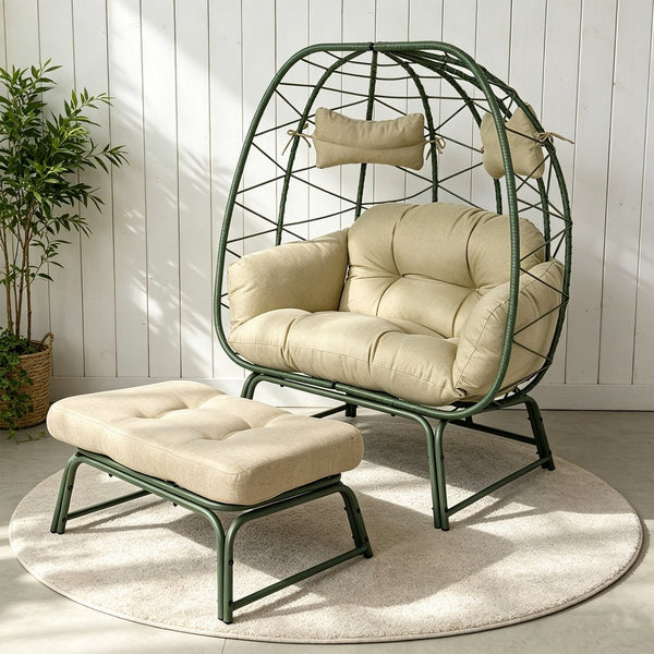 English Elm Double Egg Wicker Lounge Chair with Ottoman Bohemian Pe Rattan Outdoor Patio Seat T5880P501485