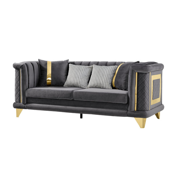 English Elm 89 Inch Gray Velvet Tufted Sofa Gold Steel Trim Victorian Mid-century Living Room W1191S00103