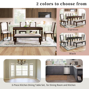 English Elm 6-Piece Kitchen Dining Set with 60" Rectangular Table, Tufted High-Back Chairs & Bench, Durable Wood Espresso N752S001080P