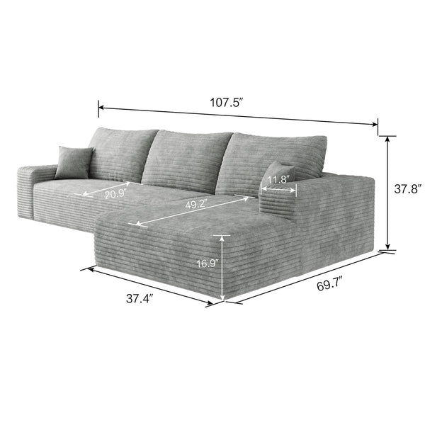 English Elm 107" Cloud Sectional Couch - Plush Modular Sofa With Reversible Chaise, No Assembly, Grey Corduroy W2824S00038