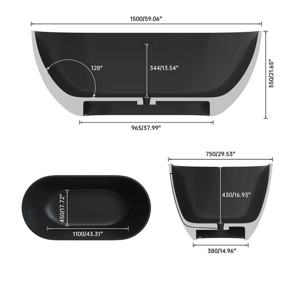 English Elm 59 Inch Freestanding Stone Resin Soaking Tub Sculptural Matte Spa Bath Design T3785P353962
