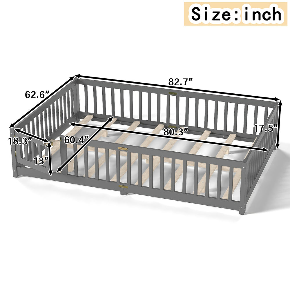 English Elm Queen Kids Floor Bed Solid Pine Frame with Guardrails Hinged Door Safe Sleep Den W1580P405868